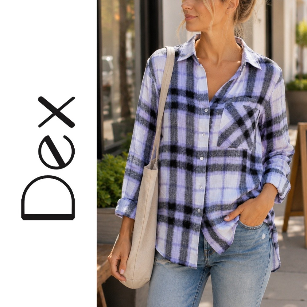 Dex, Plaid Button Down Shirt Long Sleeve Purple Black White Size Small